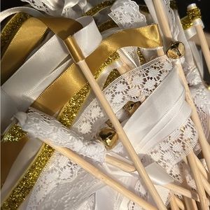 White and Gold Wedding Ribbon Wands.